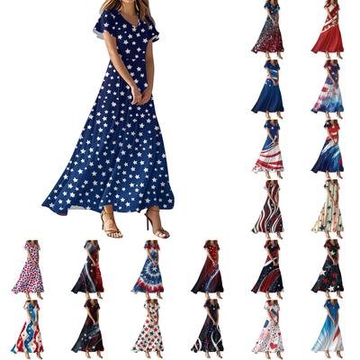 Women's Casual Fashion Print Long Dresses V-Neck Short Sleeve Dresses