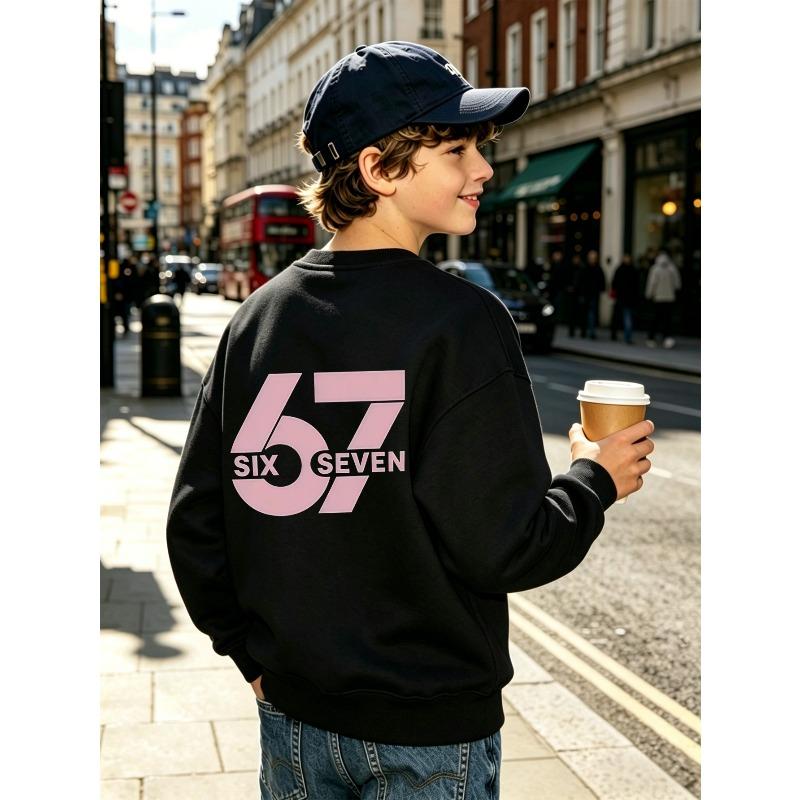 Kids Unisex Crewneck Sweatshirt, Back Print Large Pink Number 67 SIX SEVEN Long Sleeve Pullover, Boys Girls Daily Sweatshirt For Kids Over 4 Years Old