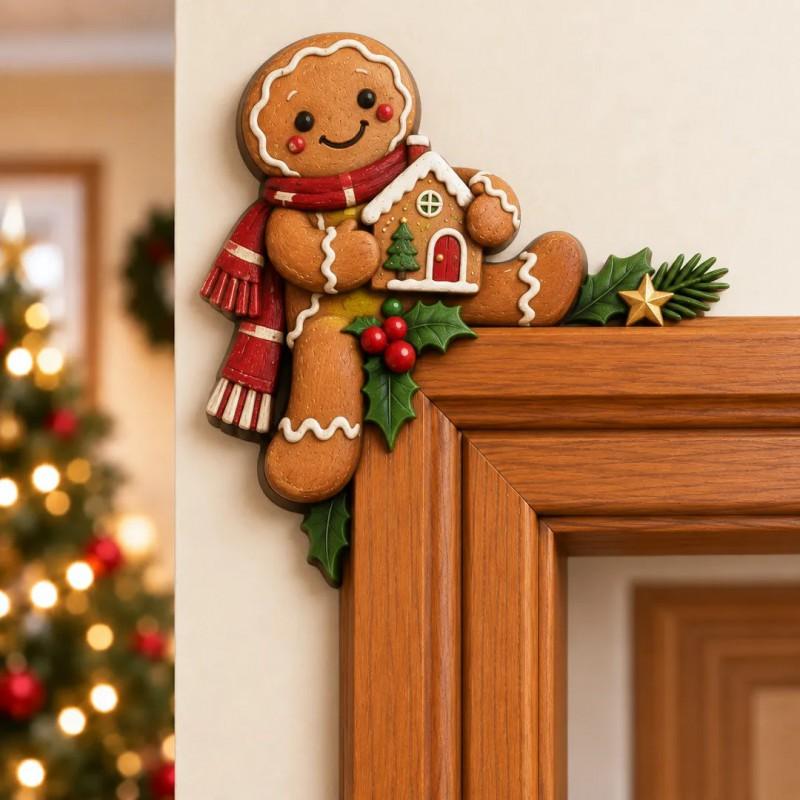 Wooden Christmas Door Frame Corner Decor Set - Gingerbread Man Design Rustic Home Holiday Ornament Indoor Wall Hanging