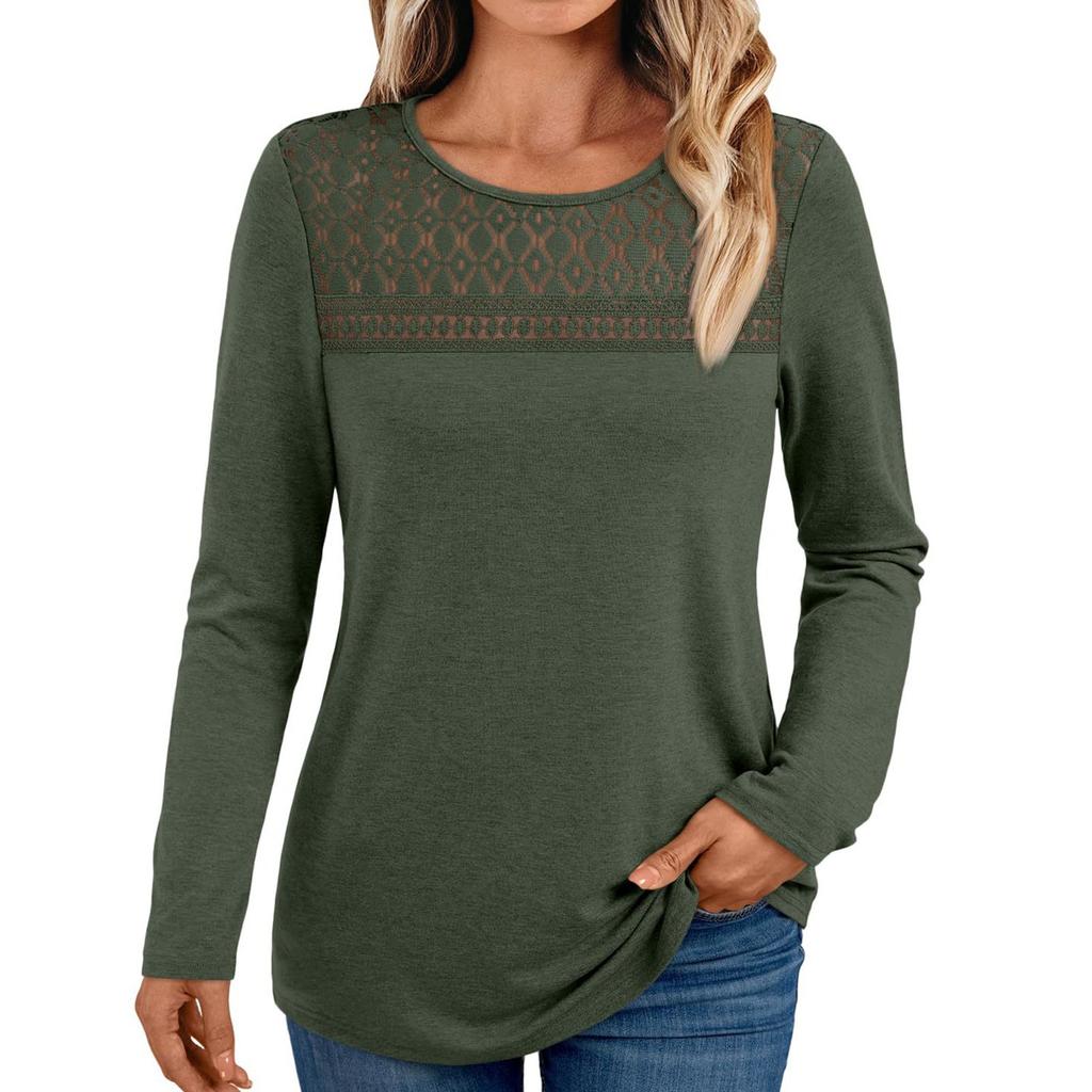 Women's Loose Casual Solid Color Mesh Lace Hollow Out Versatile Long Sleeved Top