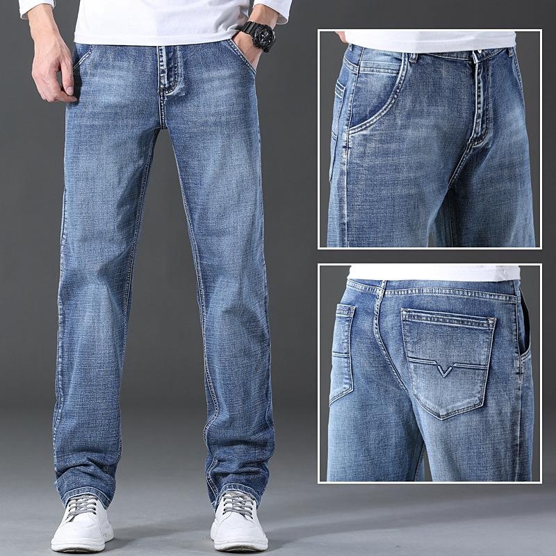 Men's jeans straight leg loose trendy youth pants men's business elastic youth four-season trousers