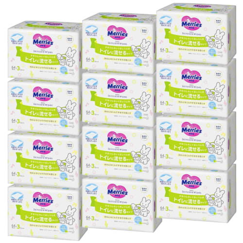 Merries Sururin Kirei Baby Wipes, Flushable (64 Sheets X 3 Packs) [x12]
