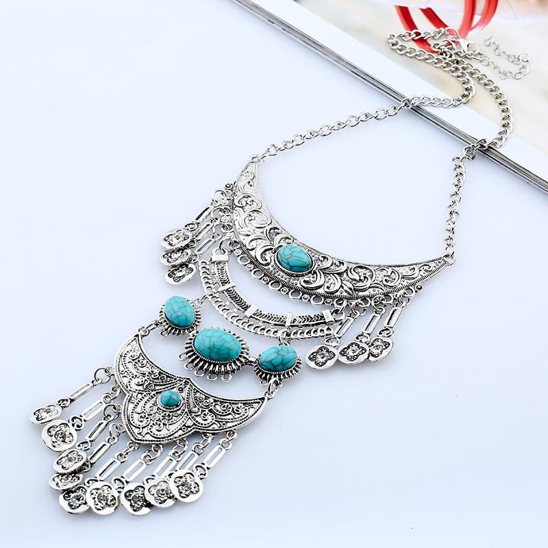 Vintage Long Women Tassel Necklace With Gemstone Leaf Art Jewelry Accessory