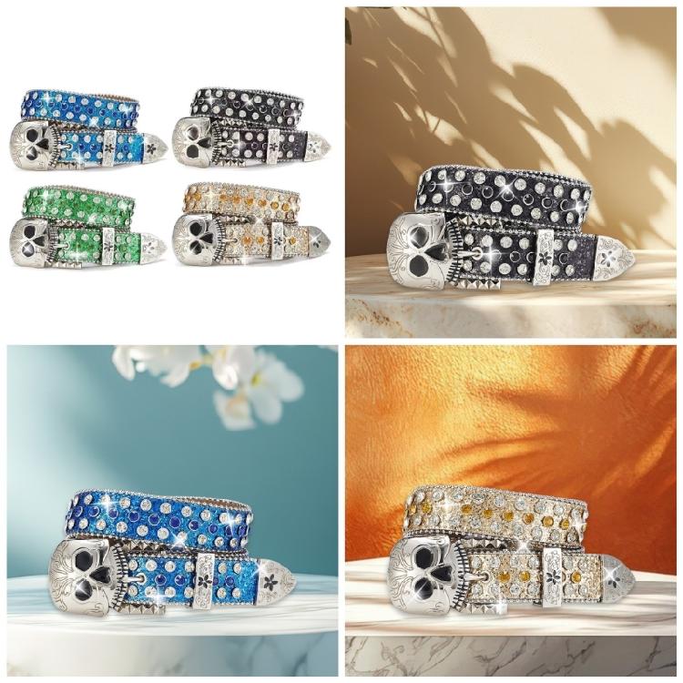 Popular Skull Buckle Belt for Men Women Rhinestones Studded Belt All Matching Blingbling Western Belt for Daily Club Wear