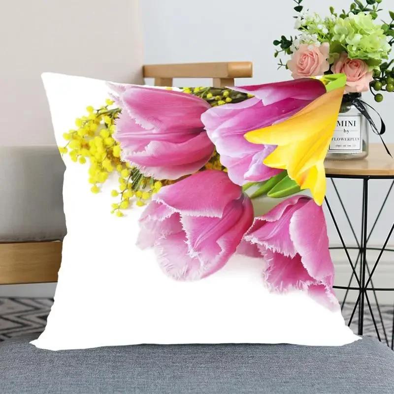 "Floral Tulip Pillowcase, Soft Cotton - Vibrant Flower Design for Spring Decor, Comfortable and Stylish, Perfect Gift for Home"