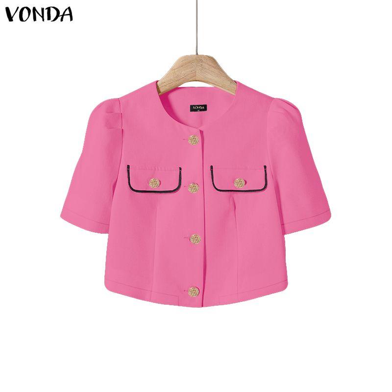 VONDA Women Short Sleeves Stitching Texture Casual Cropped Blouse Tops