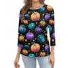Women's Halloween Print Shirt 3/4 Sleeve Round Neck Loose Fit Casual Blouse Top Comfortable Everyday Wear