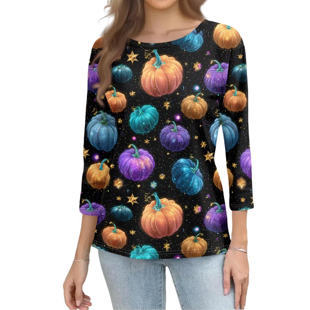 Women's Halloween Print Shirt 3/4 Sleeve Round Neck Loose Fit Casual Blouse Top Comfortable Everyday Wear
