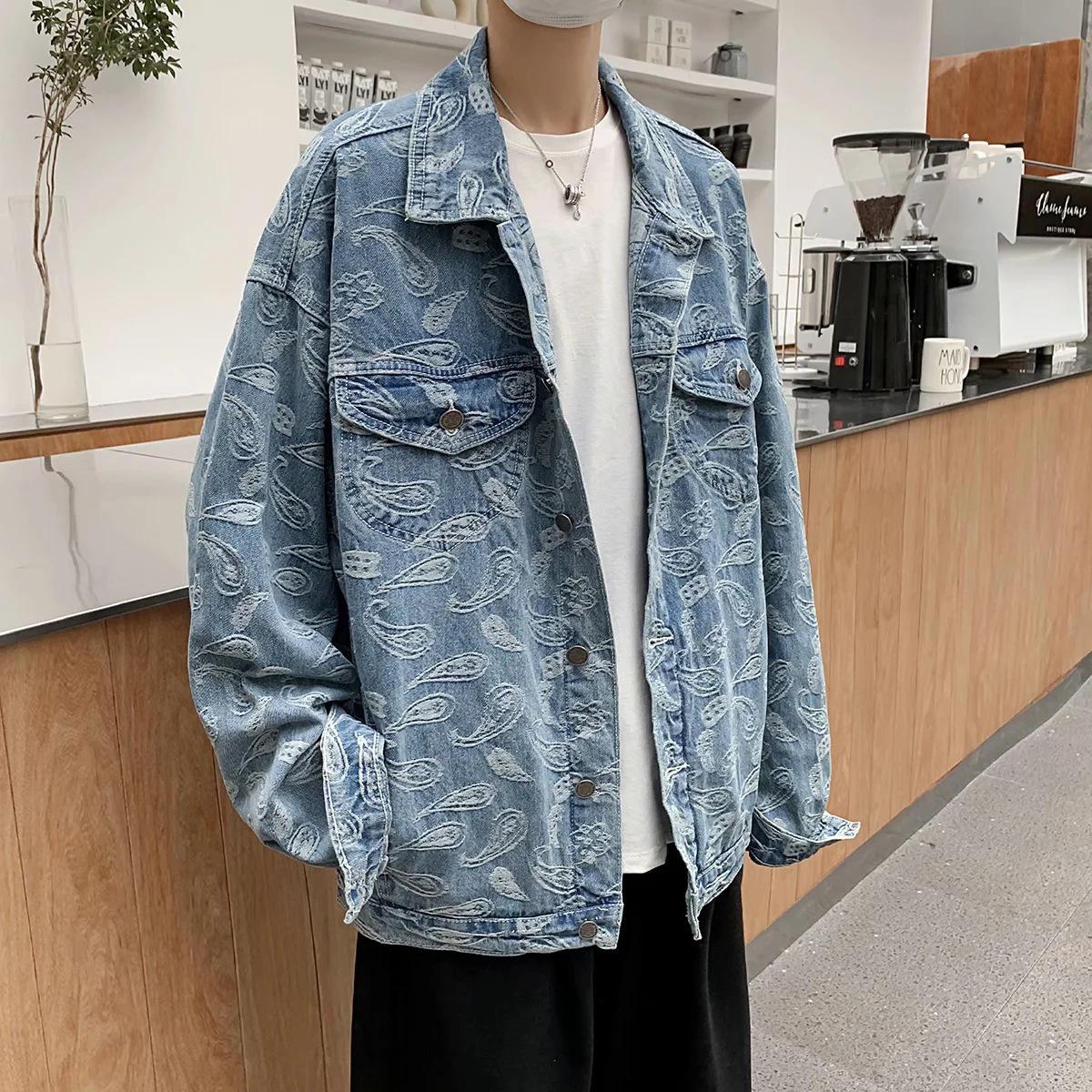 

Men s Autumn Korean Style Distressed Denim Jacket - Jacquard, Loose Fit, Casual, Handsome, Plus Size. 3XL светло-синий