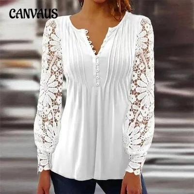 Spring and Autumn Women's Blouse Fashion Lace Sleeve Pressure Pleat Solid Color Button Long Sleeve Top