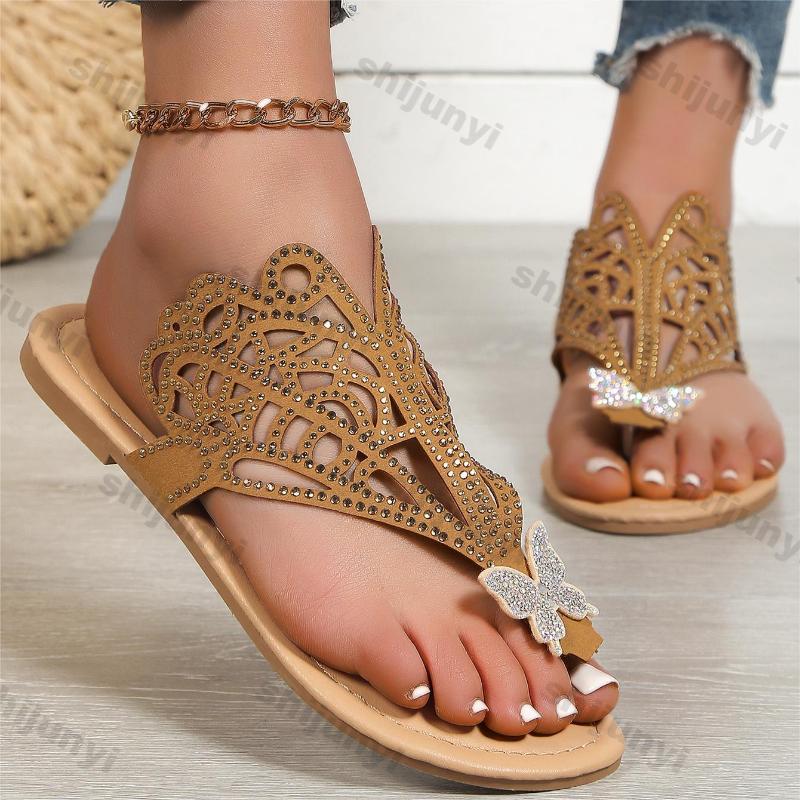 Fashion Women's Luxury Butterfly Rhinestone Slippers Summer New Fashion Casual Hollowed Flip Flops Female Soft Flat Shoes Beach Slides