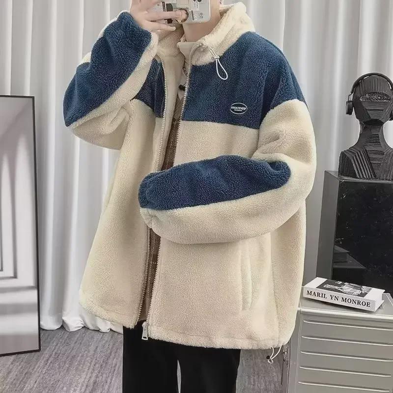 Men's Trendy Lambskin Jacket: Autumn/Winter Korean-Style Loose Workwear, Plus Velvet Thickened