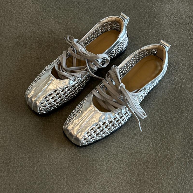 Yueyu - French Versatile Retro Soft-soled Ballet Single Shoes Women's Woven Leather Cross-strap Dexun Shoes Sandals