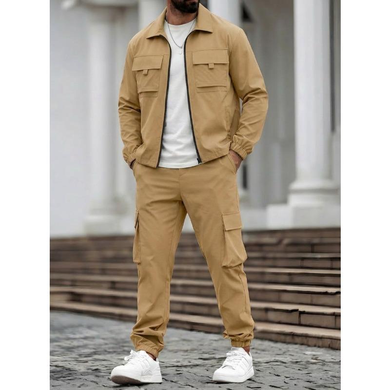 Herren S Einfarbig Langarm Jacke Hose Mehrere Taschen Lässig Arbeitskleidung Zweiteiliges Set