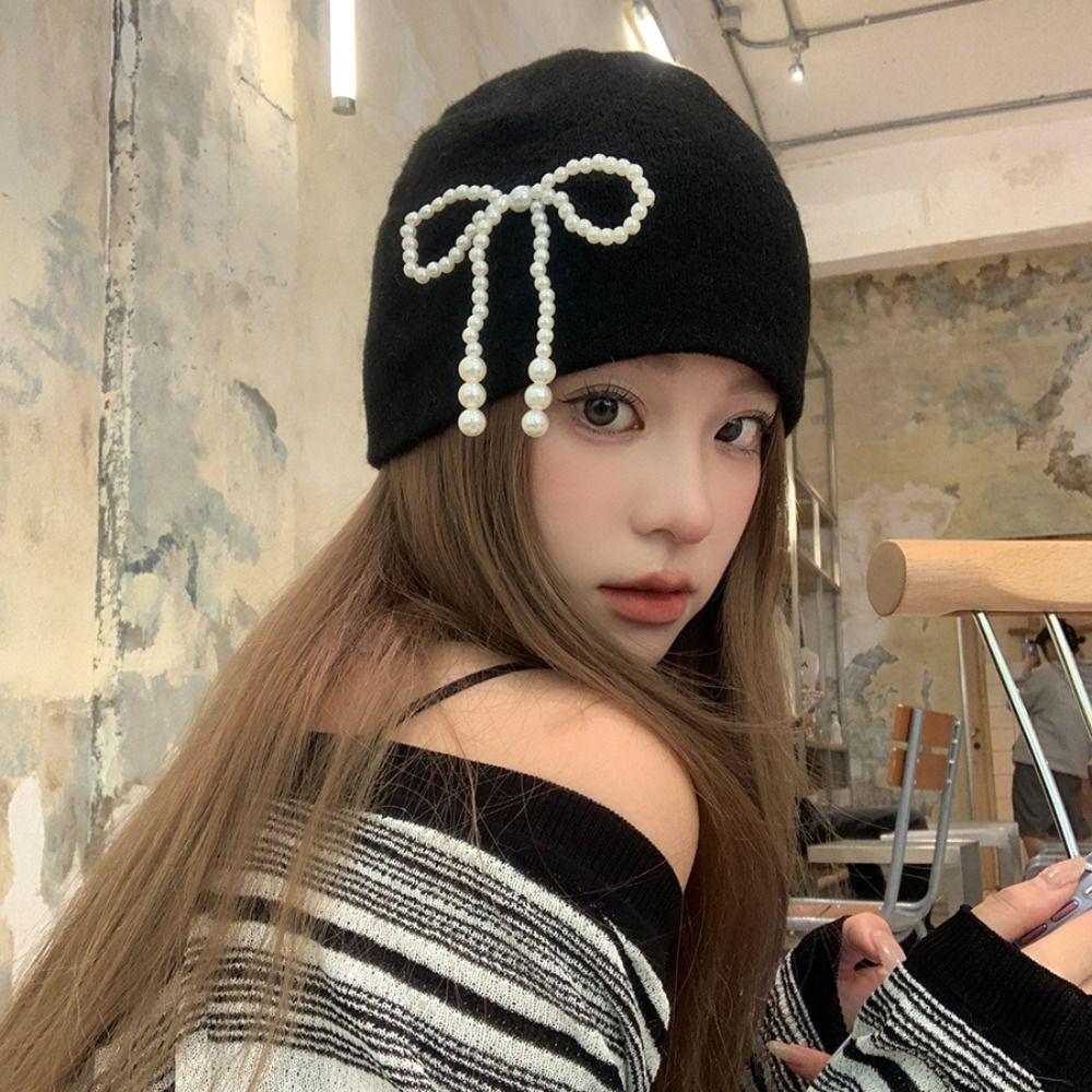 Ear Protector Stacking Knitted Bonnet Cap Solid Color Korean Wool Hat Pearl Bow Beanies Cap  Women