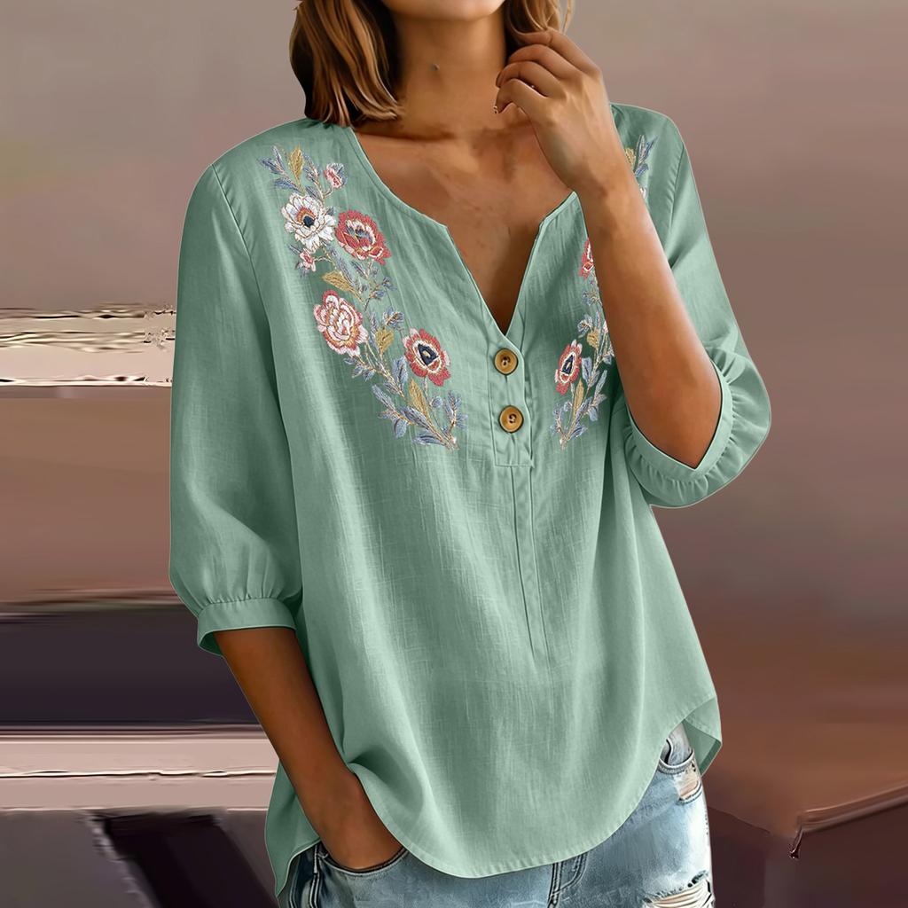 Damen Florale Stickerei Henley Knopfleiste Dreiviertelärmel Leinen Baumwolle Bluse Lässig Lockerer Schnitt Hemd