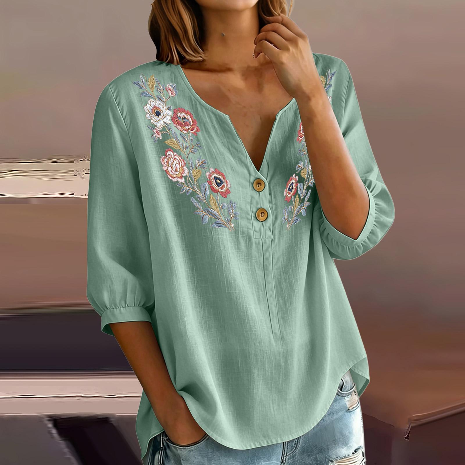 Women Floral Embroidered Henley Button Neck Three Quarter Sleeve Linen Cotton Blouse Casual Loose Fit Shirt XL зелёный