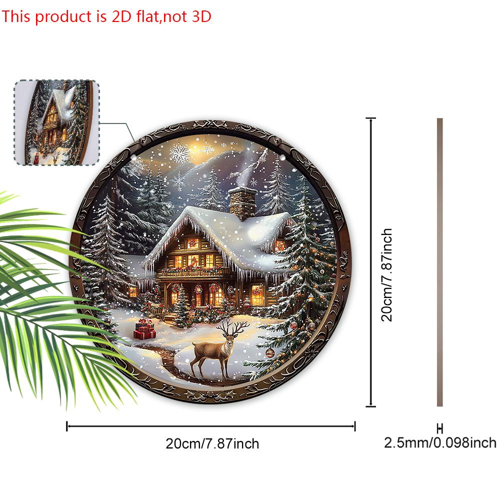 Caldo Inverno Natale Segno di Legno con Motivo Alce e Casa di Neve - Segno Rotondo Buon Natale per Porta d'Ingresso, Decorazione da Appendere alla Parete - Regalo di Natale Ideale