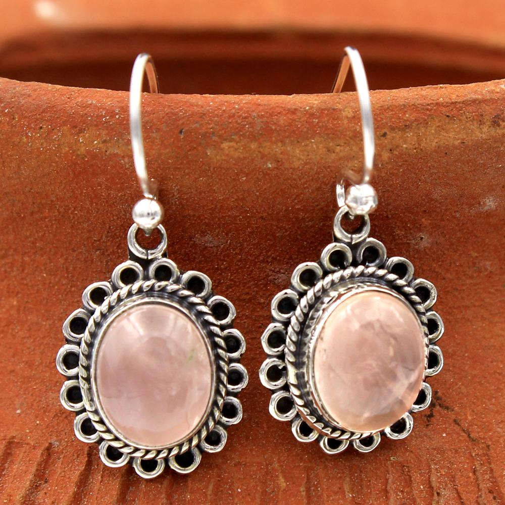 Natural Rose Quartz Gemstone Handmade Dangle Earring 925 Sterling Silver Fine Jewelry