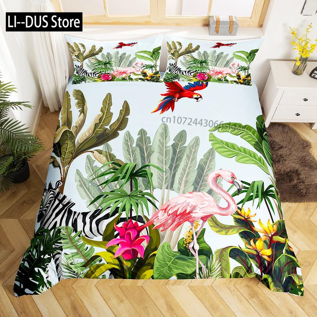 Tropical Leaves and Parrot Birds 3 Piece Bedding Set with Soft Duvet Cover and 2 Pillow Shams Printed Decoration for All Seasons