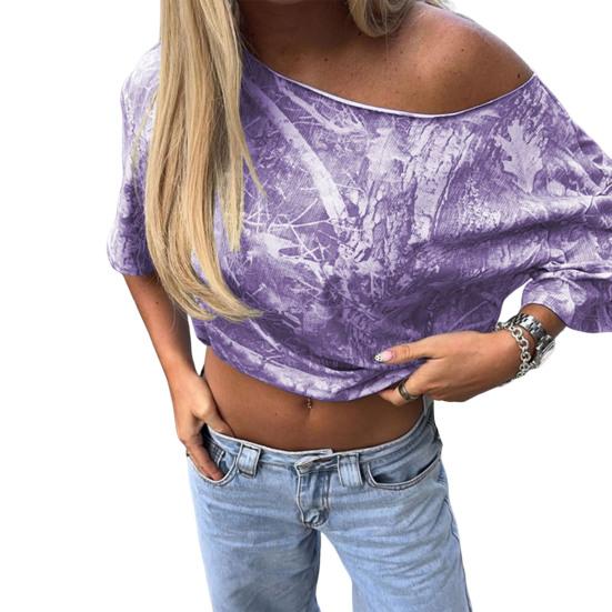 Women T-shirt Slash Neck Short Sleeve Stretchy Comfortable Tops with Sloping Shoulder Printed Design 2XL фиолетовый
