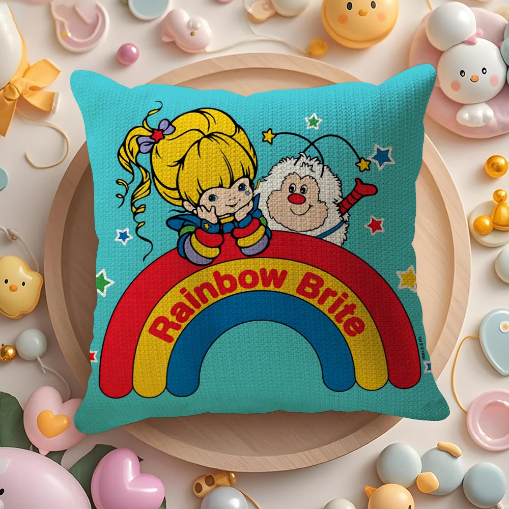 R-Rainbows Cute Brite Cushion Cover Linen Organic Fabric Double-Sided Printing Breathable Pillow Case Sofa Home Decor Gift