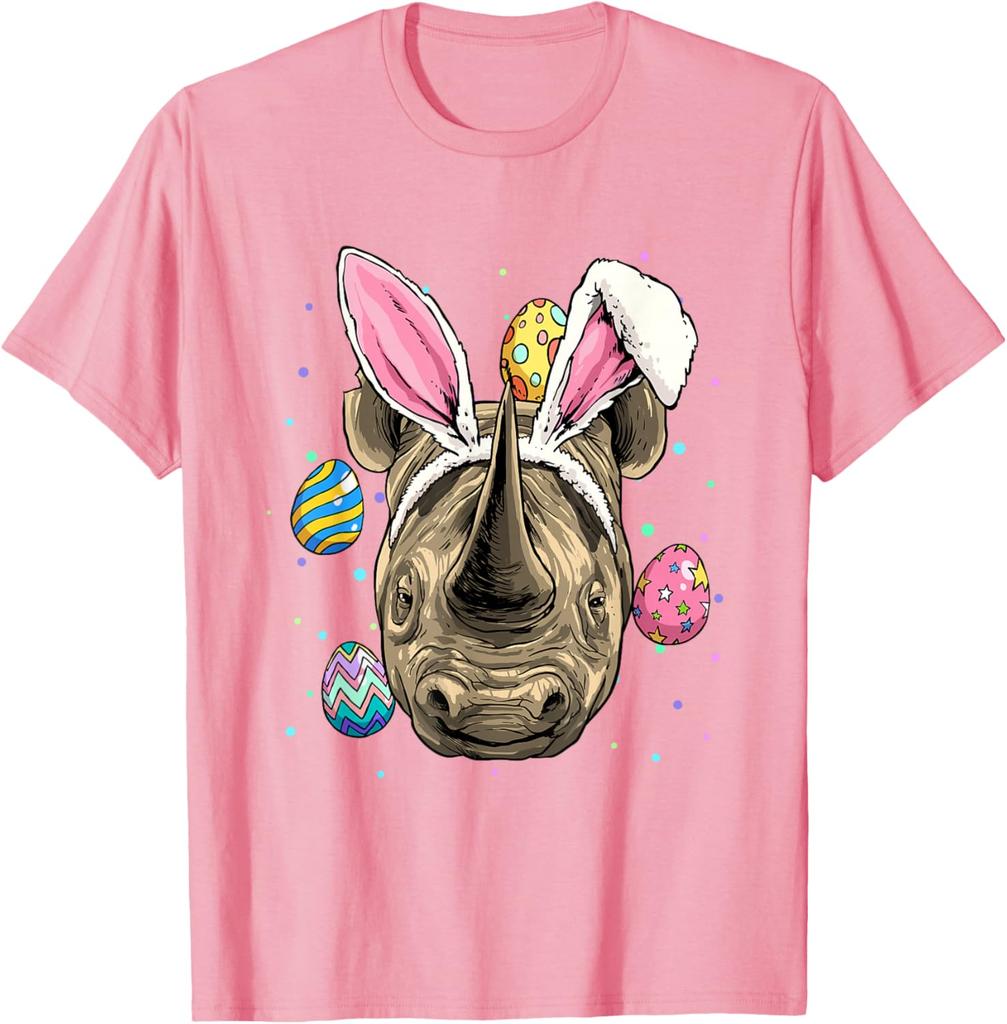 Funny Rhinoceros Bunny Ears Easter Egg Hunt Graphic Tee Casual Short Sleeve T-Shirt for Men