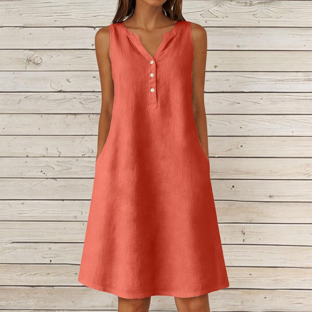 Women's Summer Casual V-neck Button Color Sleeveless Long Dress With Pockets