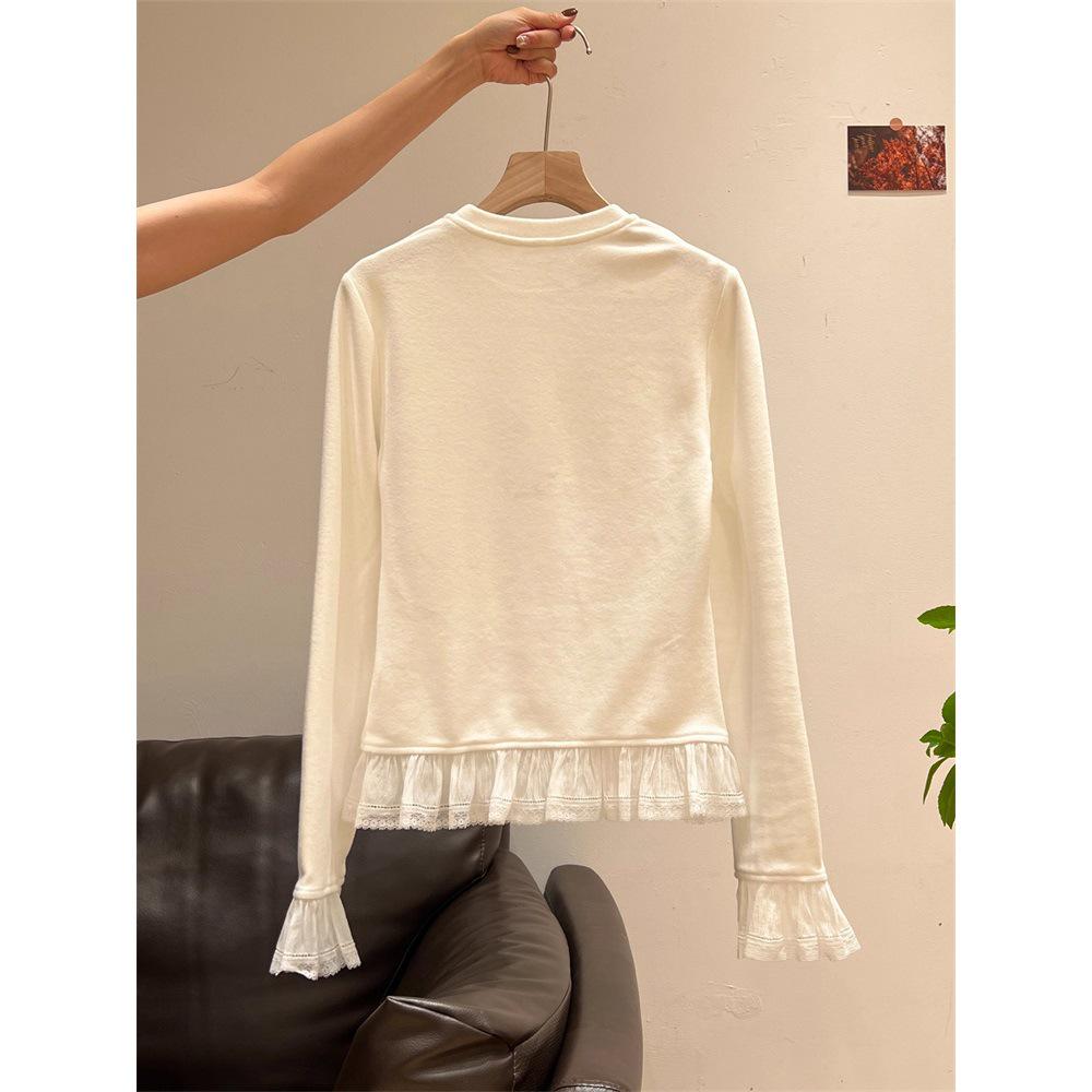 Korean Style Lace Trim Fleece Patchwork Long Sleeve T-Shirt for Autumn/Winter Women