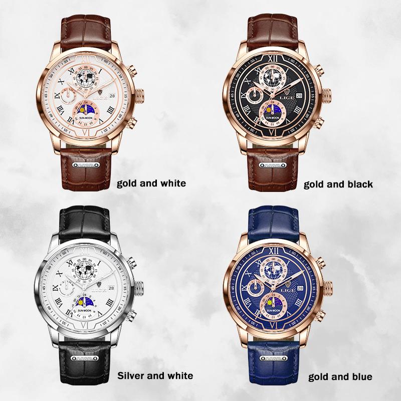 LIGE Modny męski zegarek Luksusowy biznesowy zegarek kwarcowy ze skórzanym paskiem Wodoodporny automatyczny kod daty i czasu