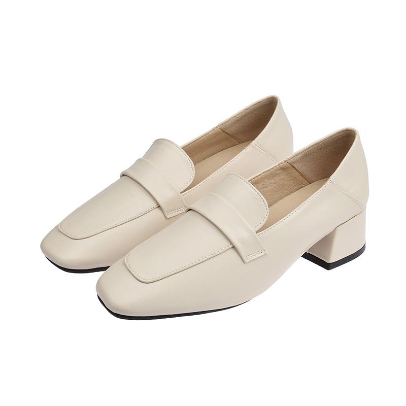 

square toe buckle band med-high heels shoes woman black/beige work pumps spring autumn single leather shoes for woman tacones 35