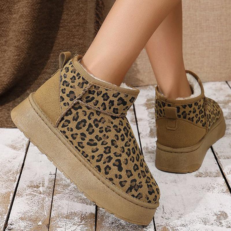 Mode 2025 Winter Leopard Schneestiefel für Damen Slipper Kurzer Plüsch Warm Knöchelstiefel Frau Mode Wildlederimitat Plateau Stiefeletten Weiblich