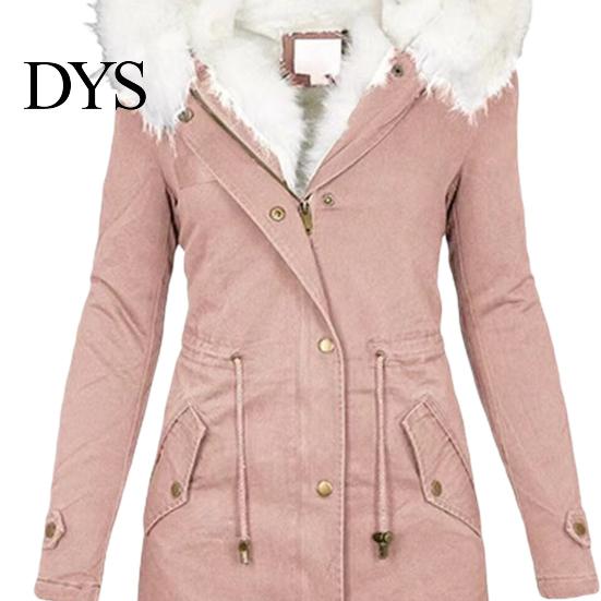 Long Down Jacket Women Winter Cotton Coat Plus Size Faux Fur Hood Fleece-lined Zip-up Temperature Locking Press Button Closure Windproof Mid