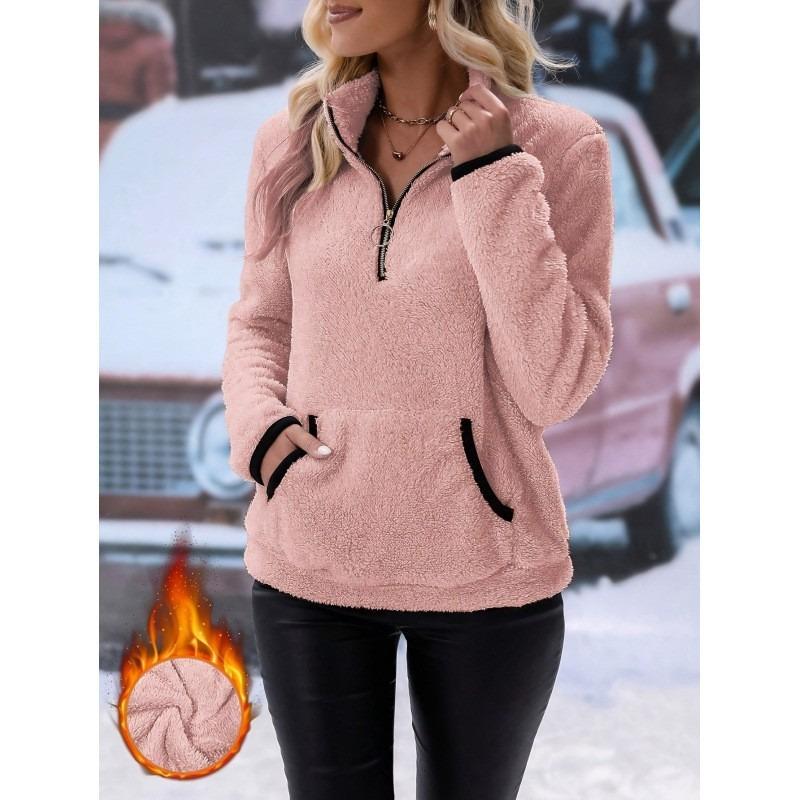 Women Half Zip Pocket Plush Hoodie Autumn Winter
