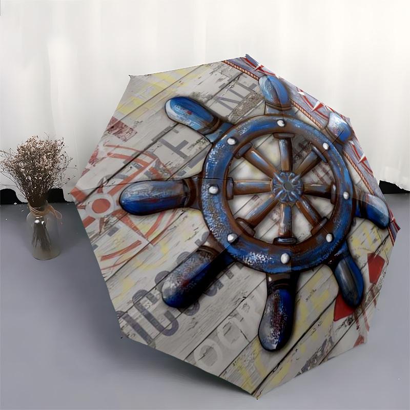 1pc Nautical Wheel Compass Decor Umbrella with Plastic Handle,Suitable for All Seasons Umbrellaptys26073