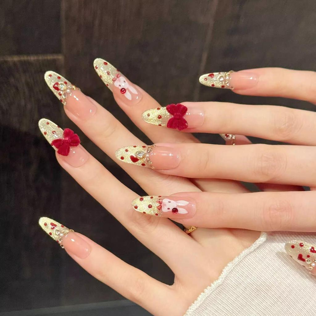 2026 New Year War Horse: Handmade Cat Eye Bowknot Heart Nail Art Tips