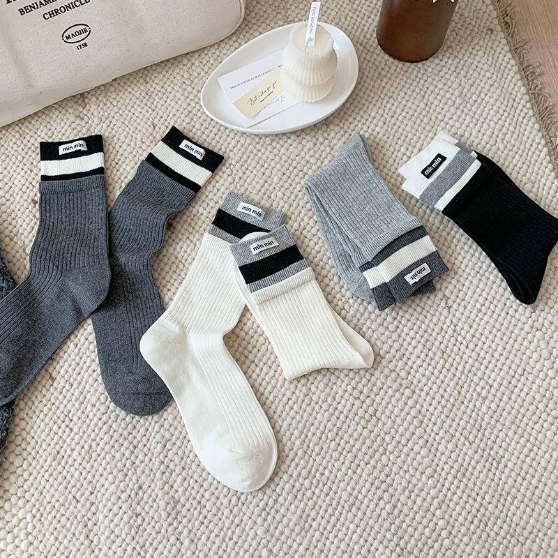 Female Autumn New Letter Cloth Label Double Collar Matching Color Stripe Boneless Tube Stack Socks
