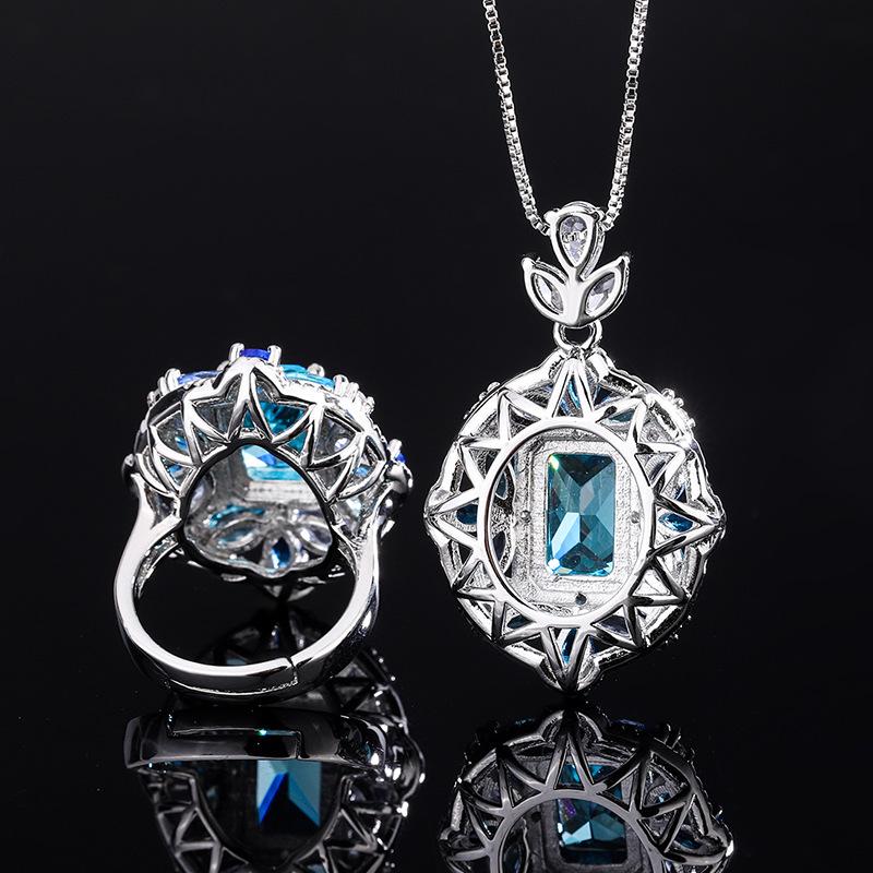Jewelry Copper Bottom Gold-Plated Simulation Topa Blue Ring Necklace Set Creative Full Diamond Luxury Set Main 8 * 12