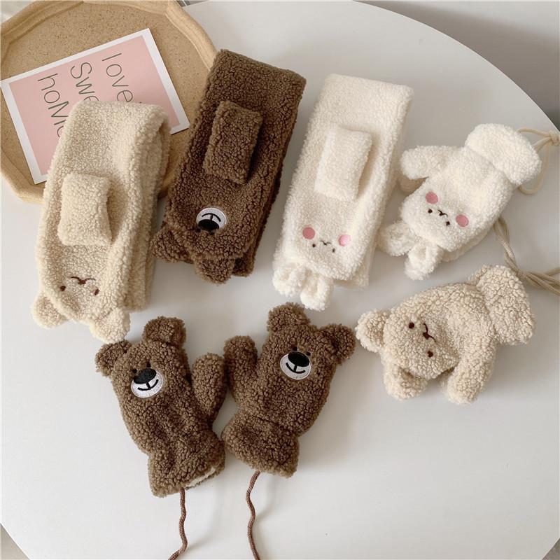 Autumn and Winter Warm Baby Boy and Girl Cross Windproof Gloves Scarf Sherpa Cute Cartoon Children's Kit Plush