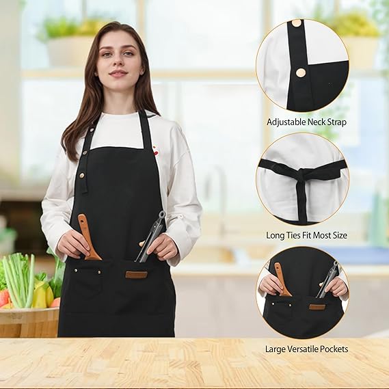 Adjustable Chef Apron with 2 Pockets - Professional Polyester Work Apron for Cooking, Baking, Gardening, BBQ, Coffee Shop, Beauty Nails Studios