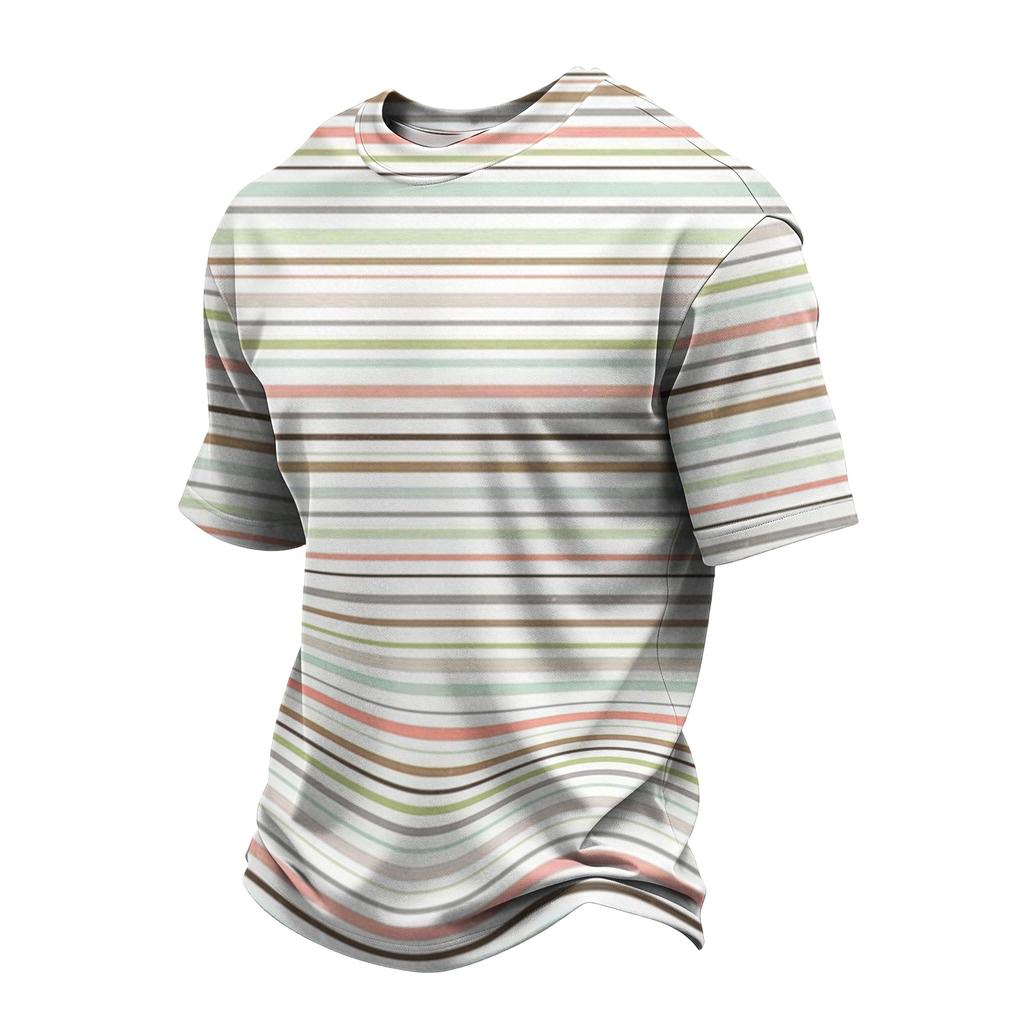 Men's Casual Quick-Dry Short Sleeve Shirt with Round Neck Lightweight Mesh and Striped Design