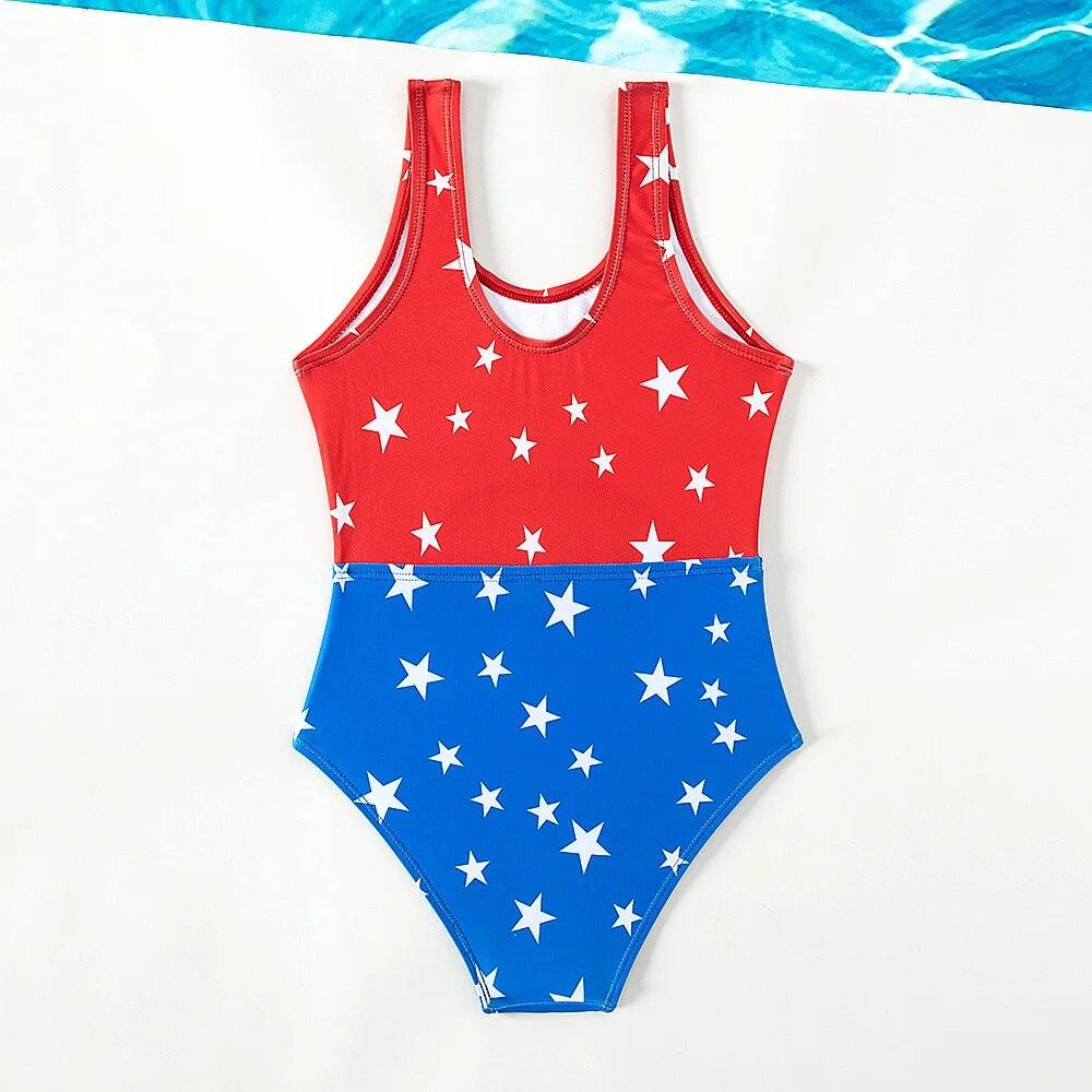 New One-piece Kids Swimsuit Girls Patchwork Star Pattern Swimwear Summer Beach Wear Swimming Suit for Girls 5-14Years