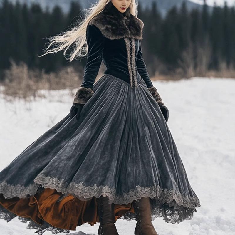 Women's Stand Collar Long Sleeve Velvet Maxi Dress A Line High Waist Vintage Lace Trim Evening Dress