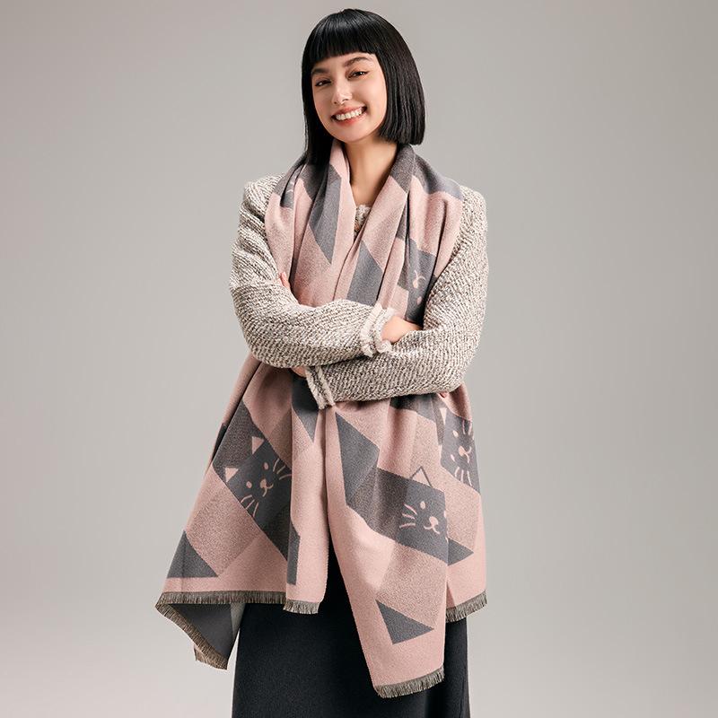 Geometric Square Slash Kitten Decorative Animal Sweet And Cute Xiaoqing Fresh Wind Autumn And Winter Women'S Imitation Cashmere Scarf