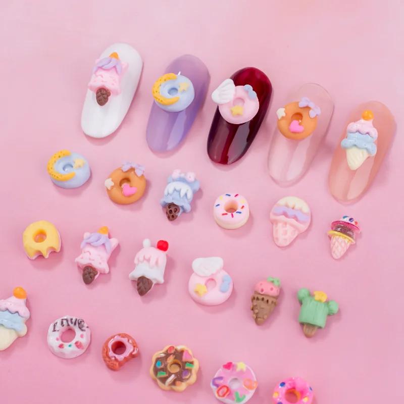 10/100Pcs New Cartoon Nail Accessories Summer 3D Cute Ice Cream Doughnuts Resin Wearing Nail Decorations Birthday Gift
