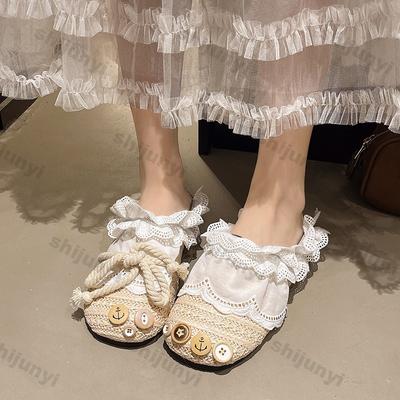 Mode Femmes Ballerines Décontractées 2025 Été Nouveauté Tissage Dentelle Respirant Paille Pantoufles Extérieur Mode Nœud Confortable Antidérapant Demi-Pantoufle