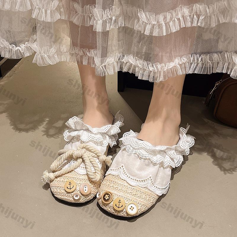 Fashion Women Casual Flats 2025 Summer New Lace Weave Breathable Straw Slippers Outdoor Fashion Bow-knot Comfortable Non Slip Half Drag