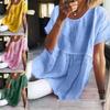 2026 Women's European-American Loose Gathered Round Neck Cotton Linen Short Sleeve Blouse