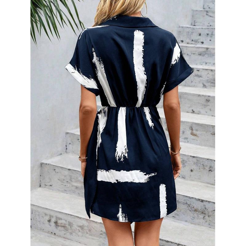 Women's Elegant V-Neck Shirt Dress with Waist Knot and Asymmetrical Hem
