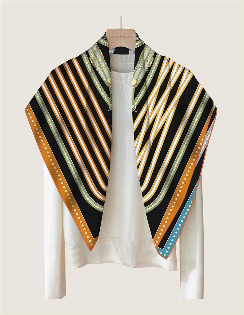 Double-Sided Simulated Silk Scarf Green Twill Pattern Summer New Style Fashionable Artistic Scarf Hairband Necktie for Women